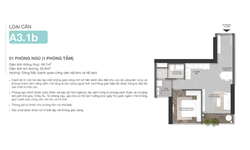 Mặt bằng căn hộ 1 phòng ngủ tại dự án Eaton Park